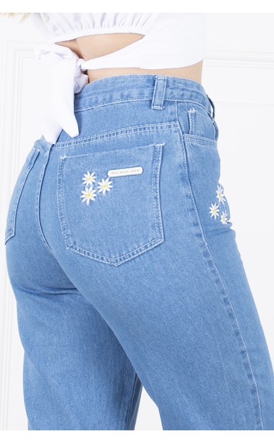 Calça Jeans Wide Cintura Alta Floral Lavagem Clara