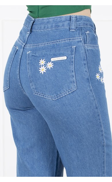 Calça Jeans Wide Cintura Alta Floral Lavagem Média