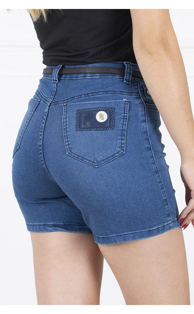 Shorts Jeans Feminina Bermuda Meia Coxa Cintura Alta com Lycra Elastano Levanta Empina Bumbum Azul